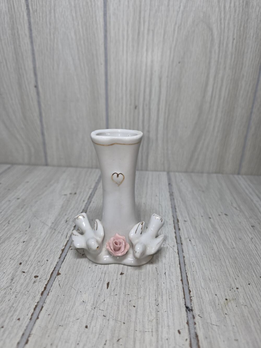 Vintage Doves & Rose Small Heart Bud Vase Miniature Cottagecore Coquette